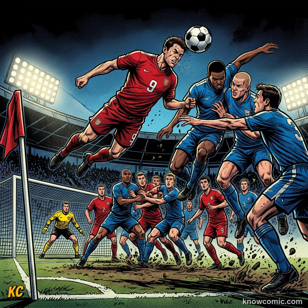 Comic panel titled when the pass is played, labelled free restarts, from the KnowComic World Cup 2026 lesson on the offside rule, finally simple
