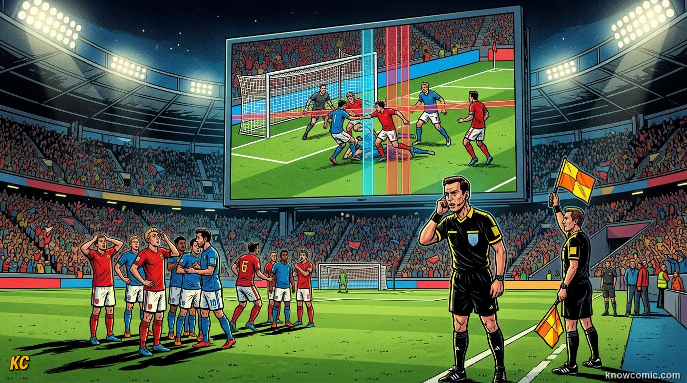 Comic panel titled the flag and the screen, labelled how it is caught, from the KnowComic World Cup 2026 lesson on the offside rule, finally simple
