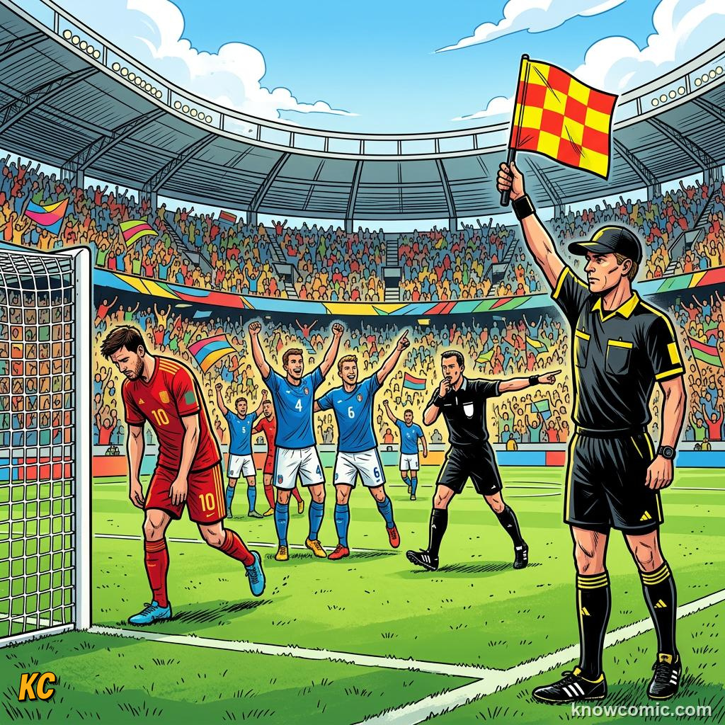 Comic panel titled beat the referee to it, labelled the flag, from the KnowComic World Cup 2026 lesson on the offside rule, finally simple