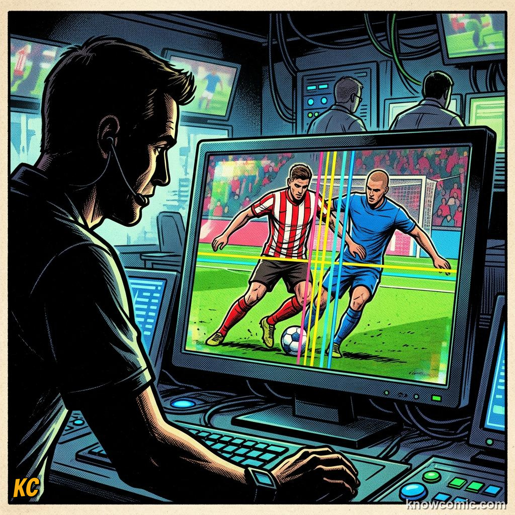 Comic panel titled beat the referee to it, labelled var lines, from the KnowComic World Cup 2026 lesson on the offside rule, finally simple