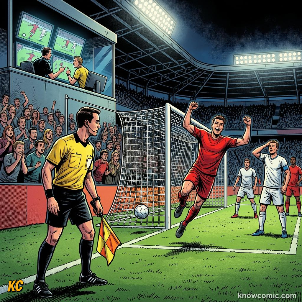 Comic panel titled beat the referee to it, labelled delayed flag, from the KnowComic World Cup 2026 lesson on the offside rule, finally simple