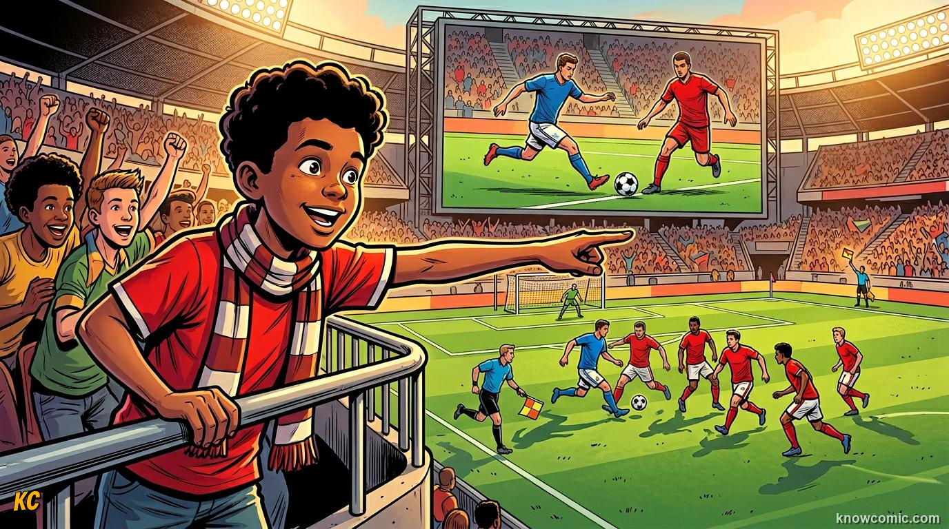 Comic panel titled beat the referee to it, labelled spot it first, from the KnowComic World Cup 2026 lesson on the offside rule, finally simple