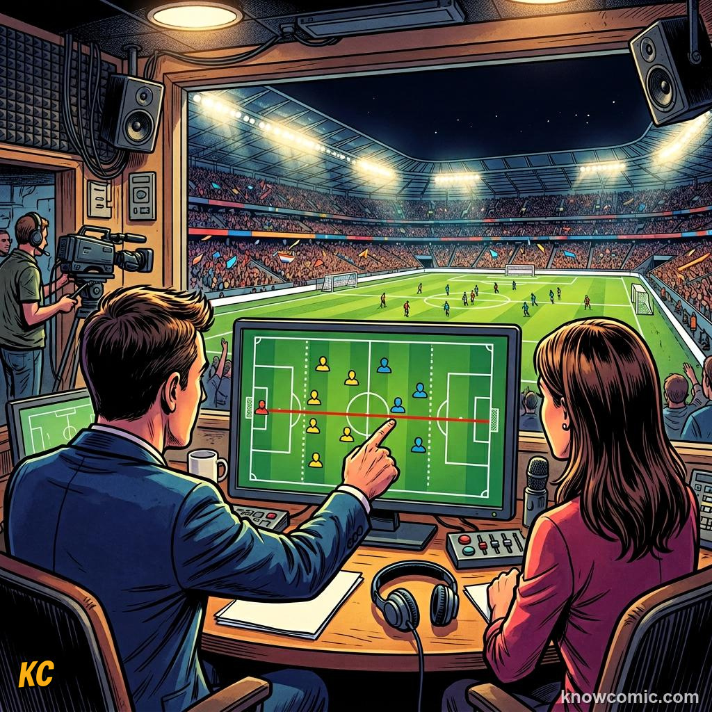 Comic panel labelled read the attack, illustrating the offside rule, finally simple in KnowComic's World Cup 2026 series