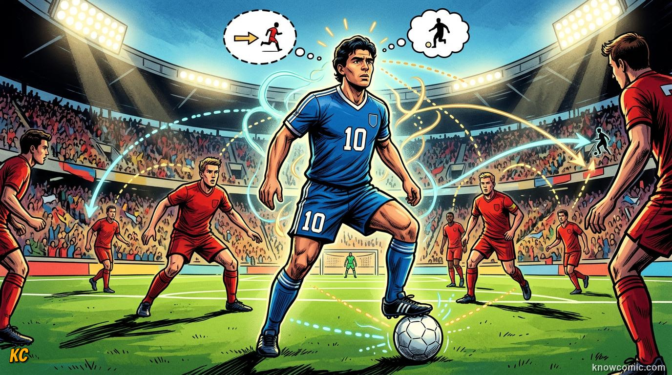 Comic panel titled who is the playmaker, labelled the number 10, from the KnowComic World Cup 2026 lesson on playmakers: the number 10