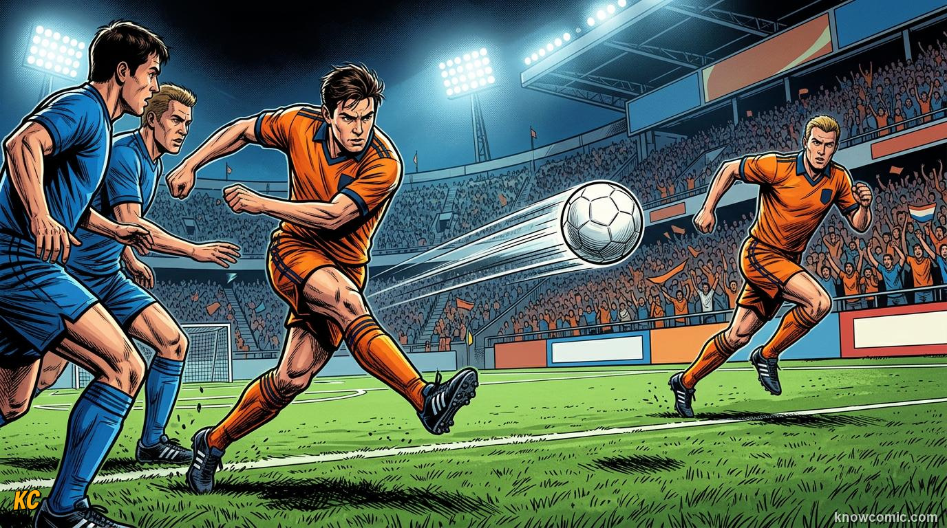 Comic panel titled vision the playmaker's superpower, labelled see everything, from the KnowComic World Cup 2026 lesson on playmakers: the number 10