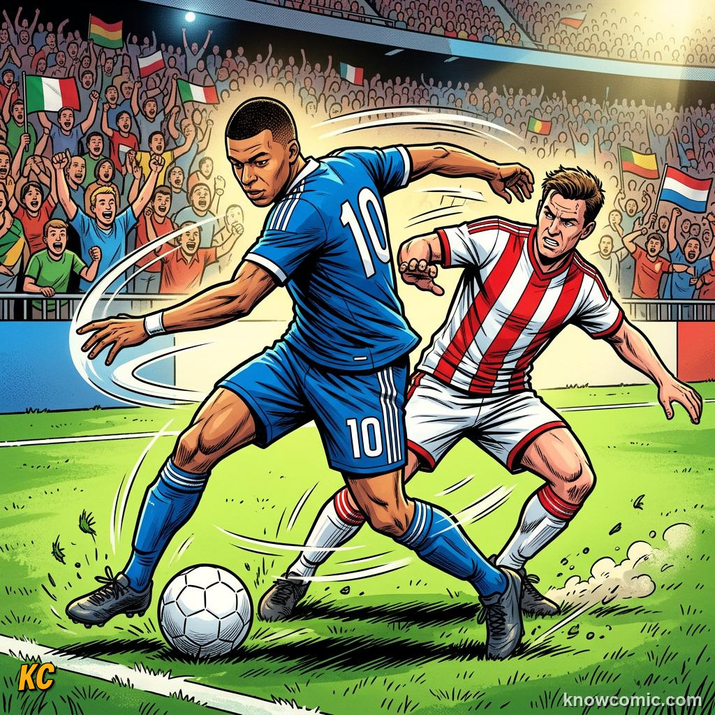 Comic panel titled freedom to roam, labelled half spaces, from the KnowComic World Cup 2026 lesson on playmakers: the number 10