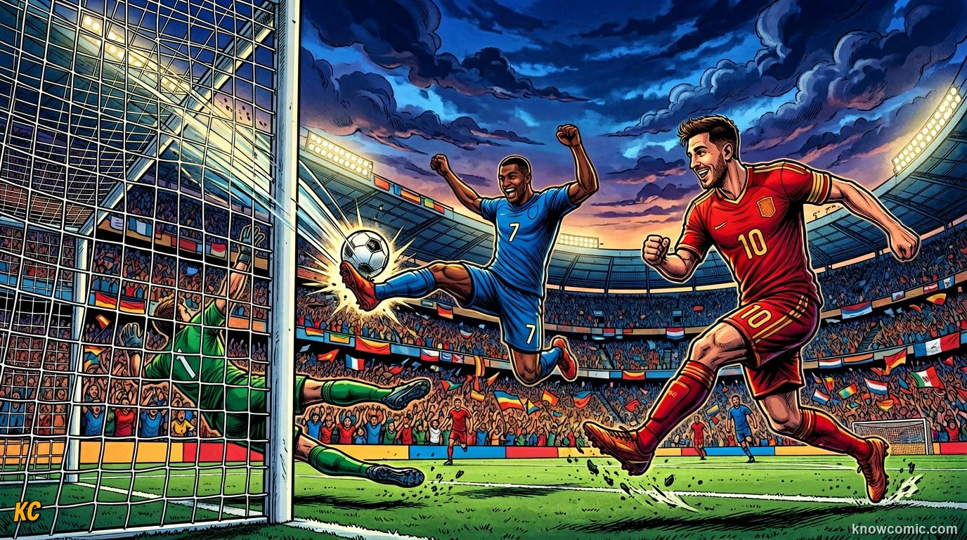 Comic panel titled passes nobody else sees, labelled the killer pass, from the KnowComic World Cup 2026 lesson on playmakers: the number 10