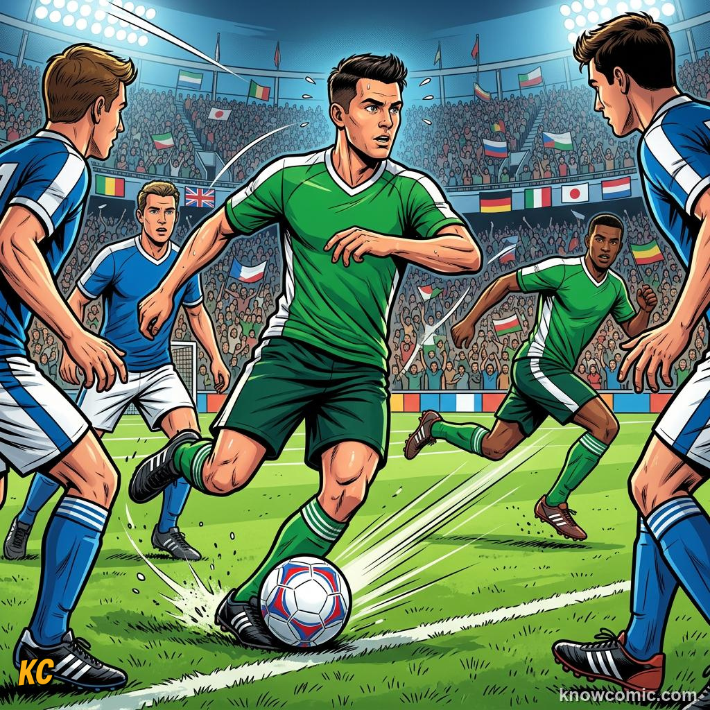 Comic panel titled how playmakers are built, labelled weight of pass, from the KnowComic World Cup 2026 lesson on playmakers: the number 10