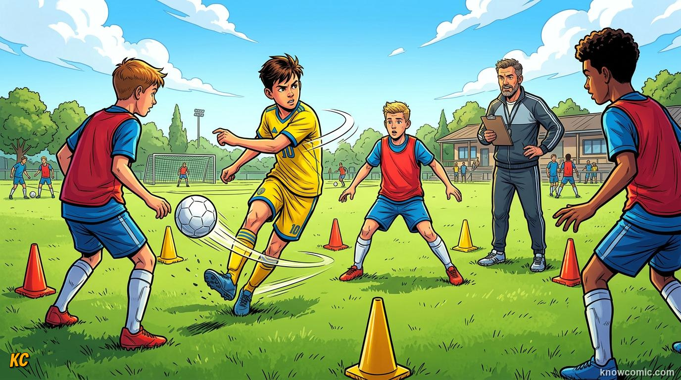 Comic panel titled how playmakers are built, labelled train the brain, from the KnowComic World Cup 2026 lesson on playmakers: the number 10