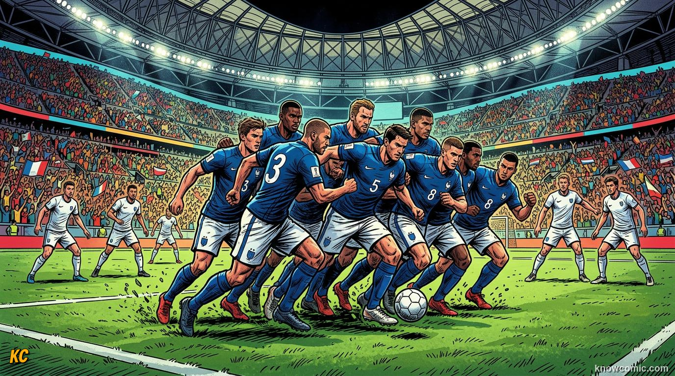 Comic panel titled what is team chemistry, labelled true teamwork, from the KnowComic World Cup 2026 lesson on team chemistry