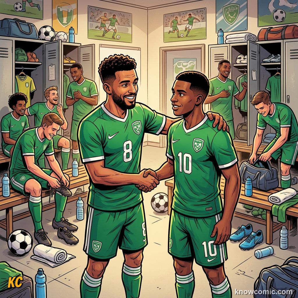 Comic panel titled communication wins matches, labelled brave passes, from the KnowComic World Cup 2026 lesson on team chemistry