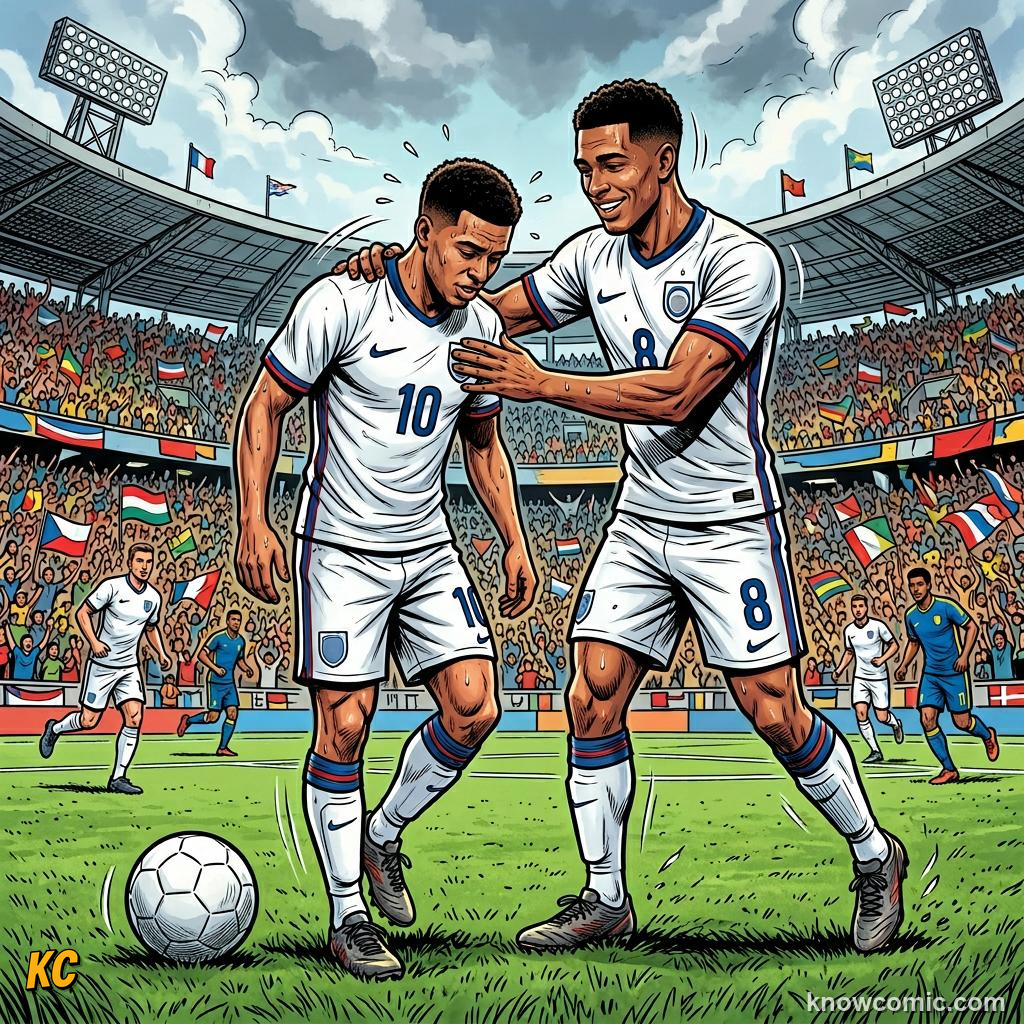 Comic panel titled communication wins matches, labelled locker room, from the KnowComic World Cup 2026 lesson on team chemistry