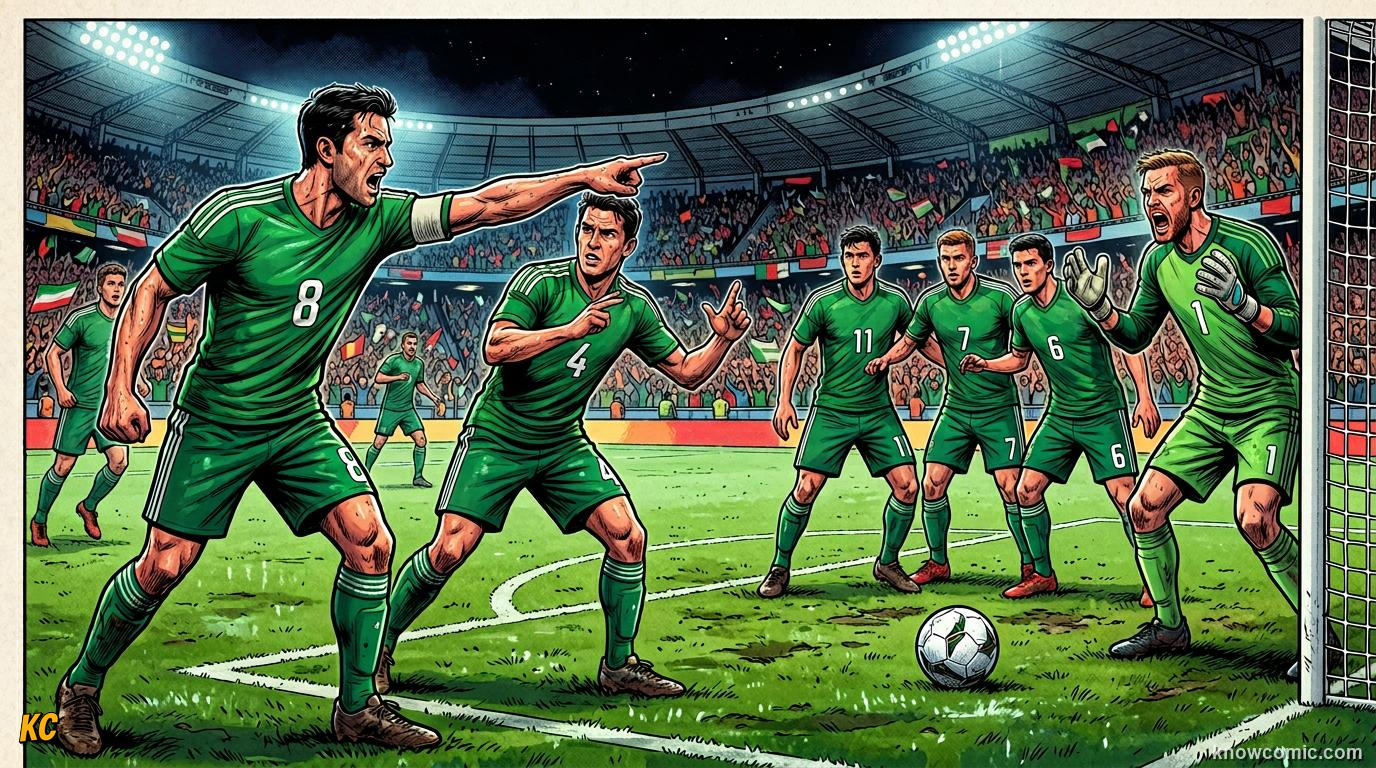 Comic panel titled communication wins matches, labelled voice on the pitch, from the KnowComic World Cup 2026 lesson on team chemistry