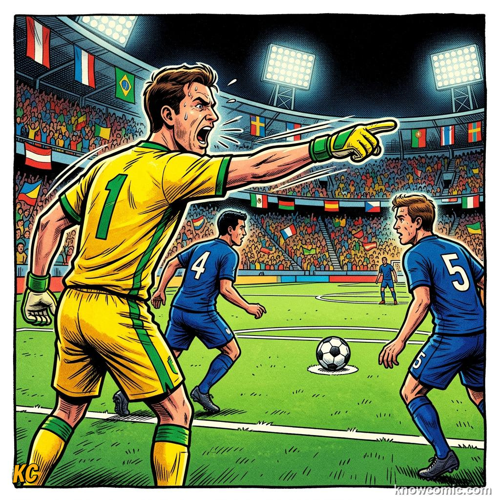 Comic panel titled communication wins matches, labelled call it out, from the KnowComic World Cup 2026 lesson on team chemistry