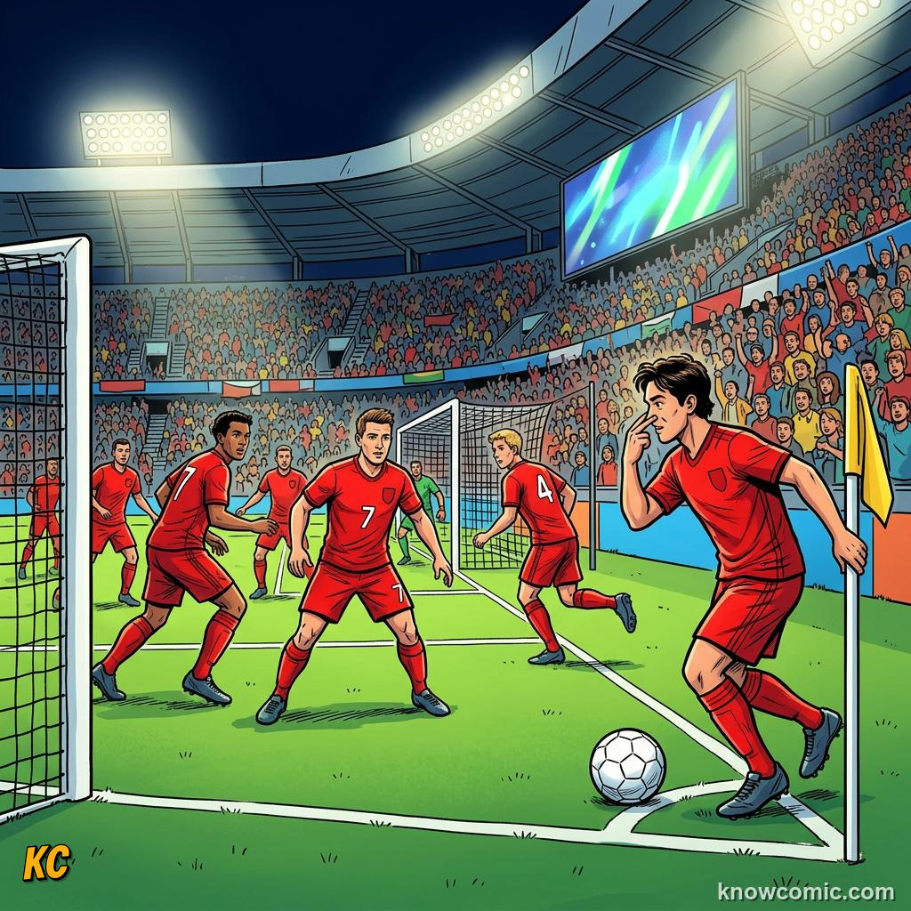 Comic panel titled communication wins matches, labelled hand signals, from the KnowComic World Cup 2026 lesson on team chemistry