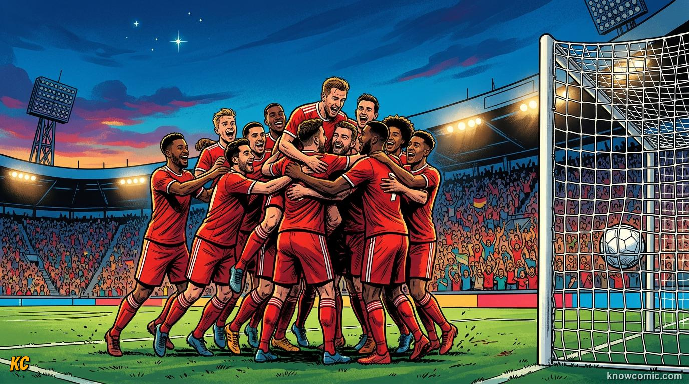 Comic panel titled moving together, labelled one mind, from the KnowComic World Cup 2026 lesson on team chemistry