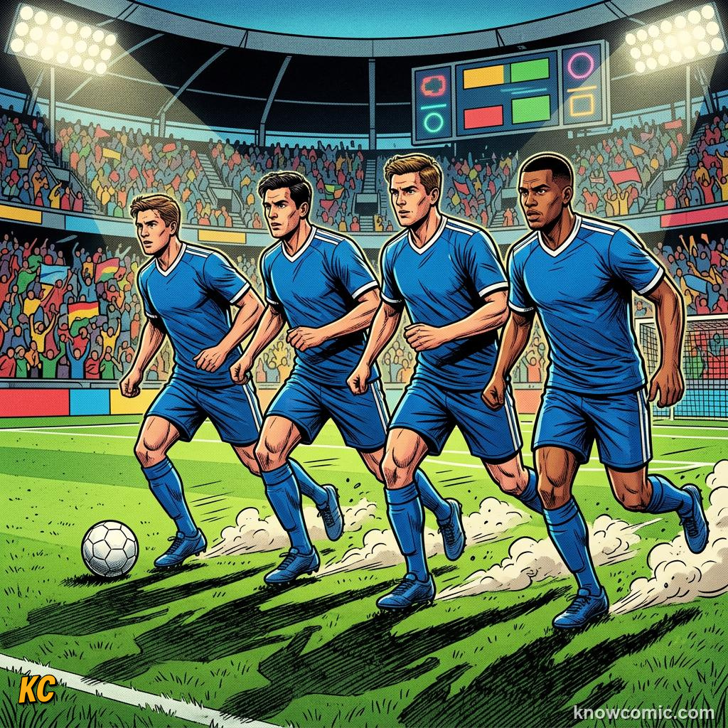 Comic panel titled how teams build chemistry, labelled press together, from the KnowComic World Cup 2026 lesson on team chemistry