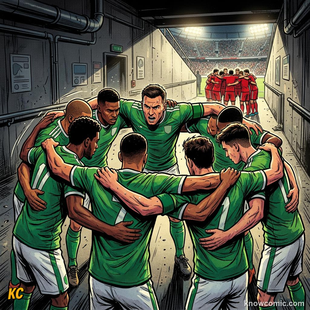 Comic panel titled how teams build chemistry, labelled celebrate together, from the KnowComic World Cup 2026 lesson on team chemistry