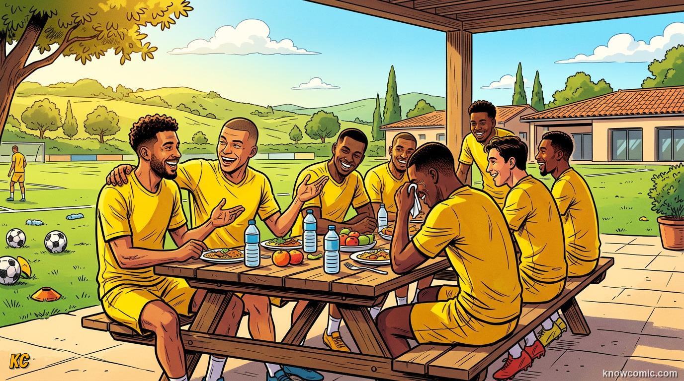 Comic panel titled how teams build chemistry, labelled build the bond, from the KnowComic World Cup 2026 lesson on team chemistry