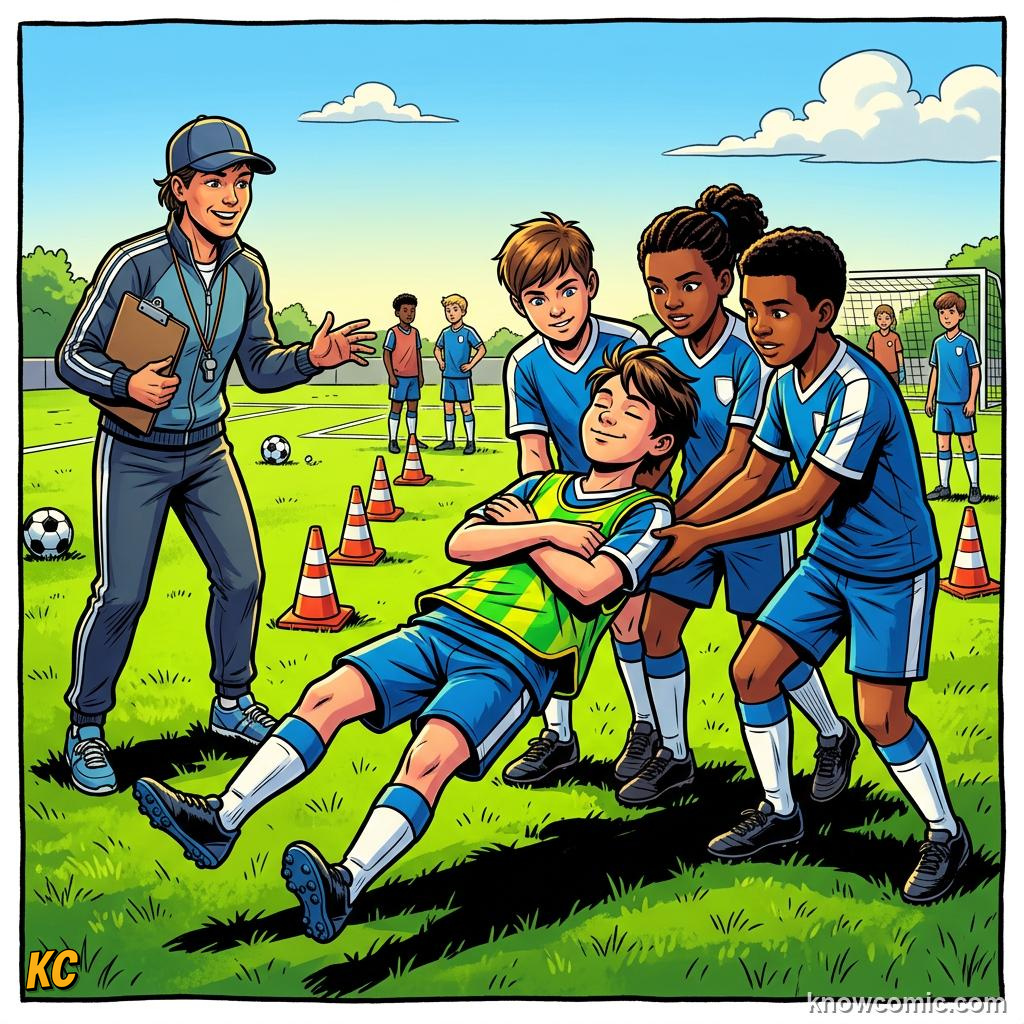 Comic panel labelled off the pitch, illustrating team chemistry in KnowComic's World Cup 2026 series