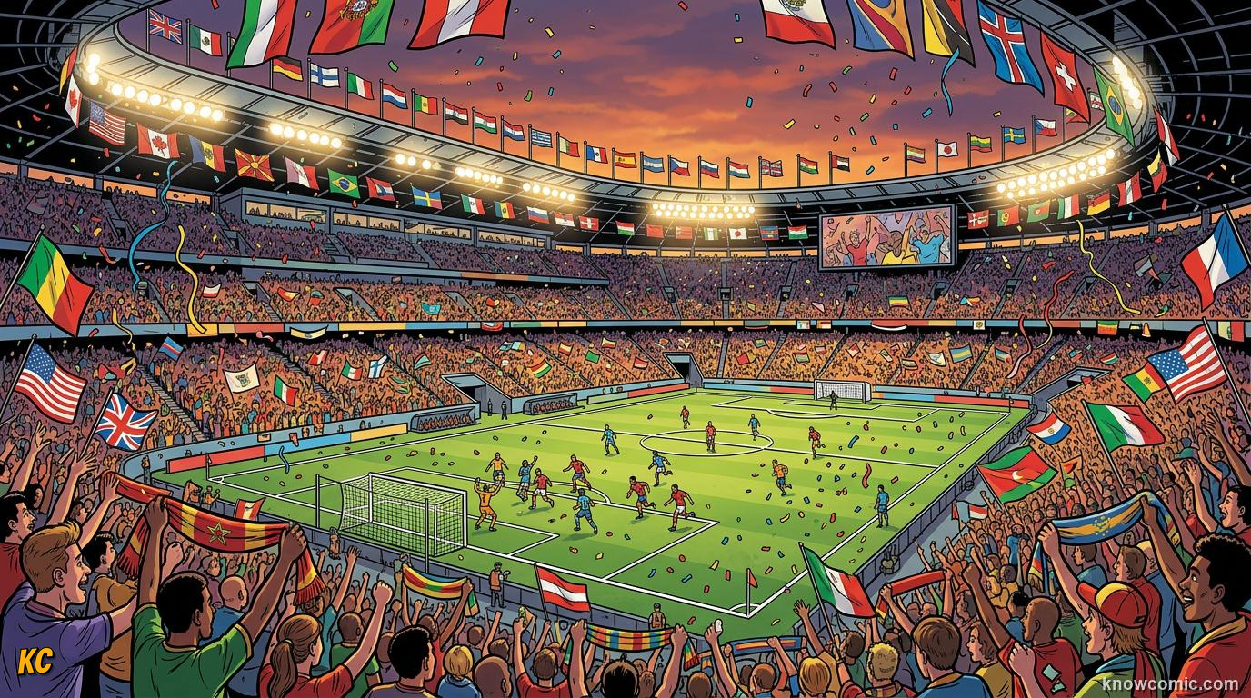Comic panel titled why 48 teams, labelled more teams, more football, from the KnowComic World Cup 2026 lesson on the new 48-team format
