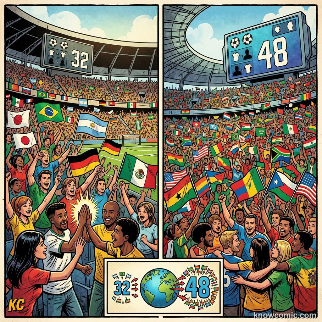 Comic panel titled how the groups work, labelled expansion, from the KnowComic World Cup 2026 lesson on the new 48-team format