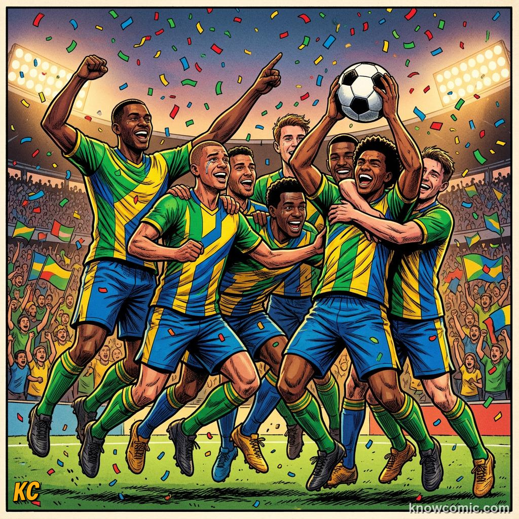 Comic panel titled how the groups work, labelled 104 matches, from the KnowComic World Cup 2026 lesson on the new 48-team format