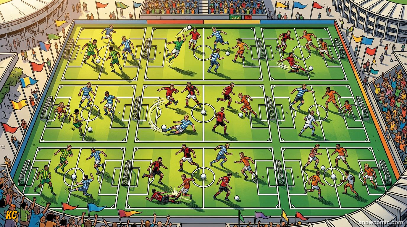 Comic panel titled how the groups work, labelled group stage map, from the KnowComic World Cup 2026 lesson on the new 48-team format