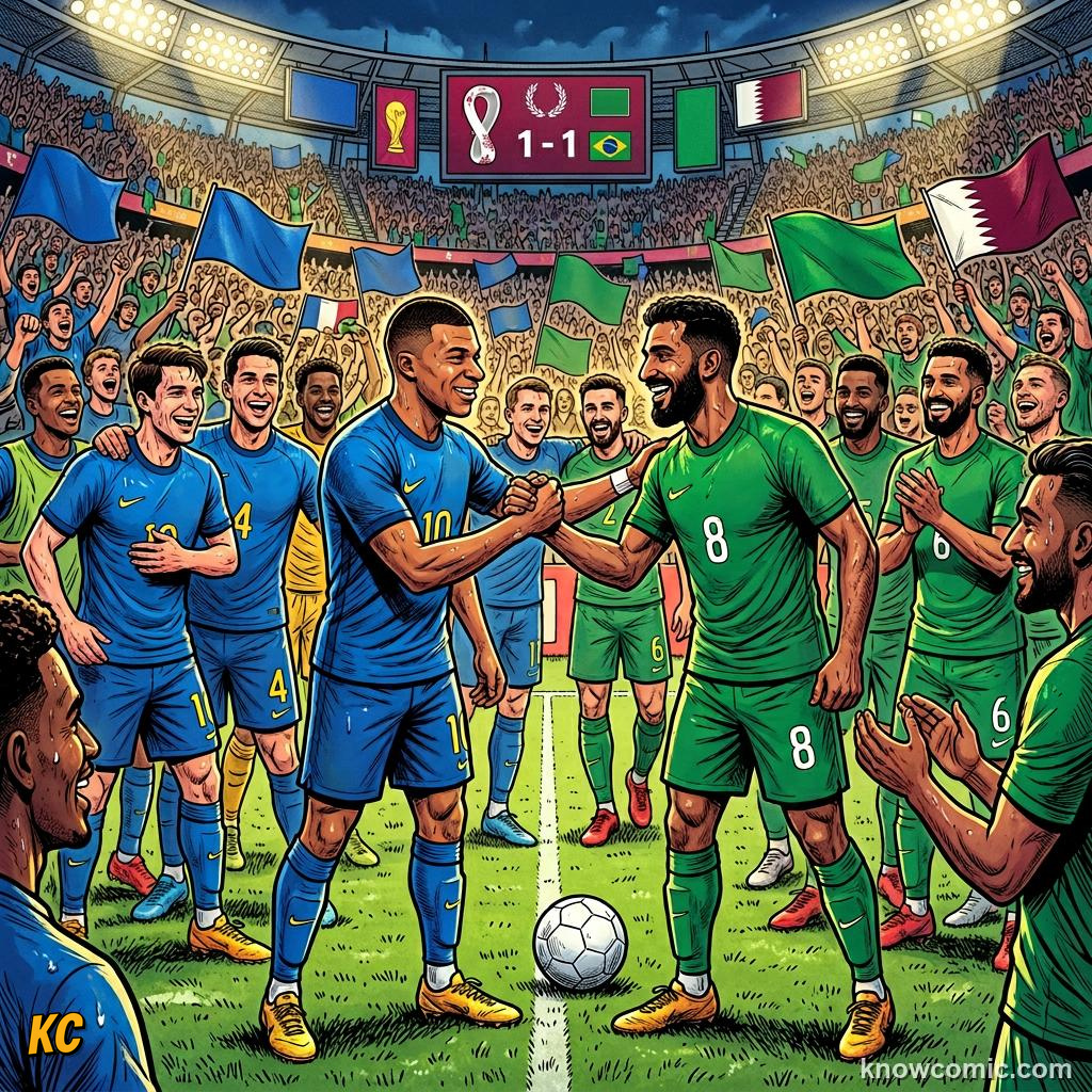 Comic panel titled top two plus eight best thirds, labelled group table, from the KnowComic World Cup 2026 lesson on the new 48-team format