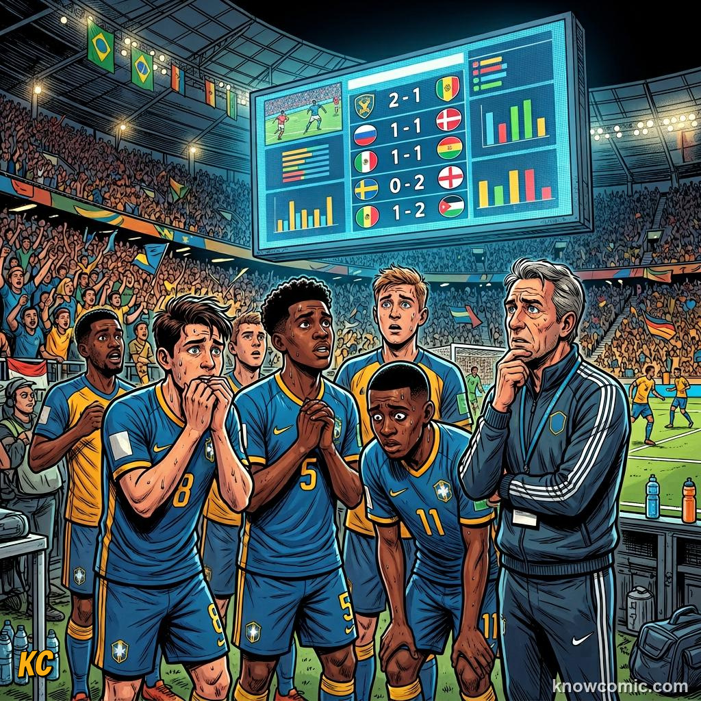 Comic panel titled top two plus eight best thirds, labelled 3 matches, from the KnowComic World Cup 2026 lesson on the new 48-team format