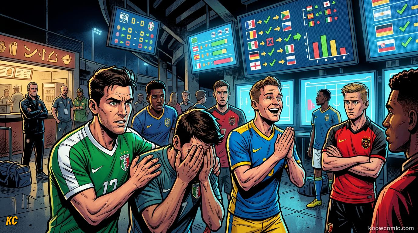 Comic panel titled top two plus eight best thirds, labelled the advancement rule, from the KnowComic World Cup 2026 lesson on the new 48-team format