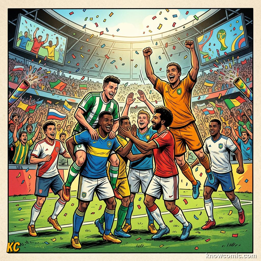 Comic panel titled top two plus eight best thirds, labelled top two, from the KnowComic World Cup 2026 lesson on the new 48-team format