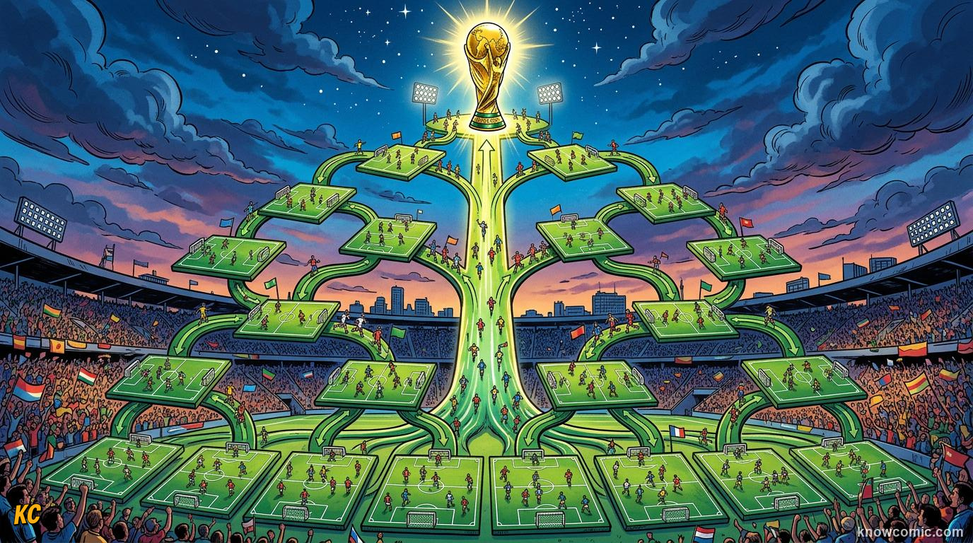 Comic panel titled the brand new round of 32, labelled knockout time, from the KnowComic World Cup 2026 lesson on the new 48-team format
