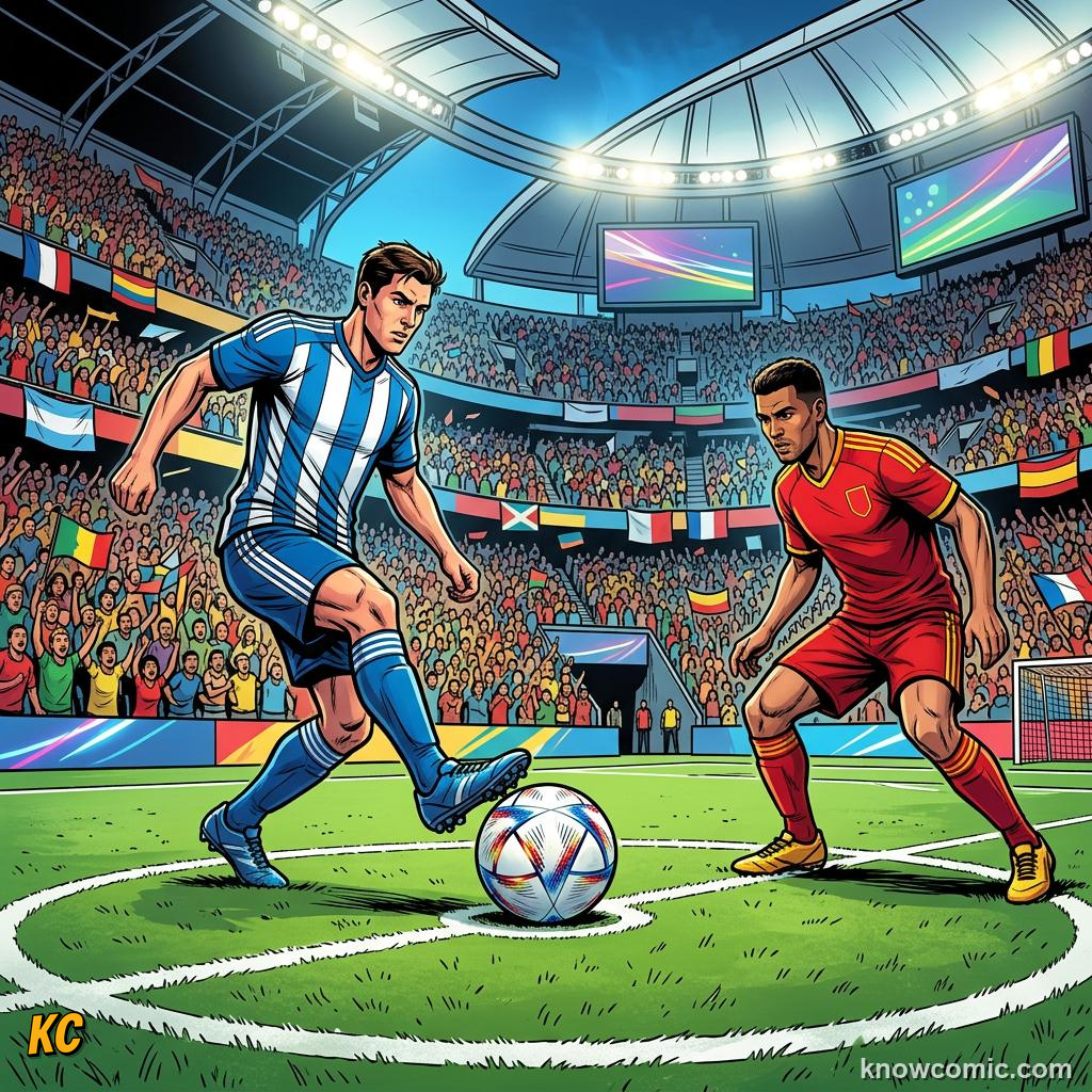 Comic panel titled how 104 matches crown one champion, labelled round of 32, from the KnowComic World Cup 2026 lesson on the new 48-team format