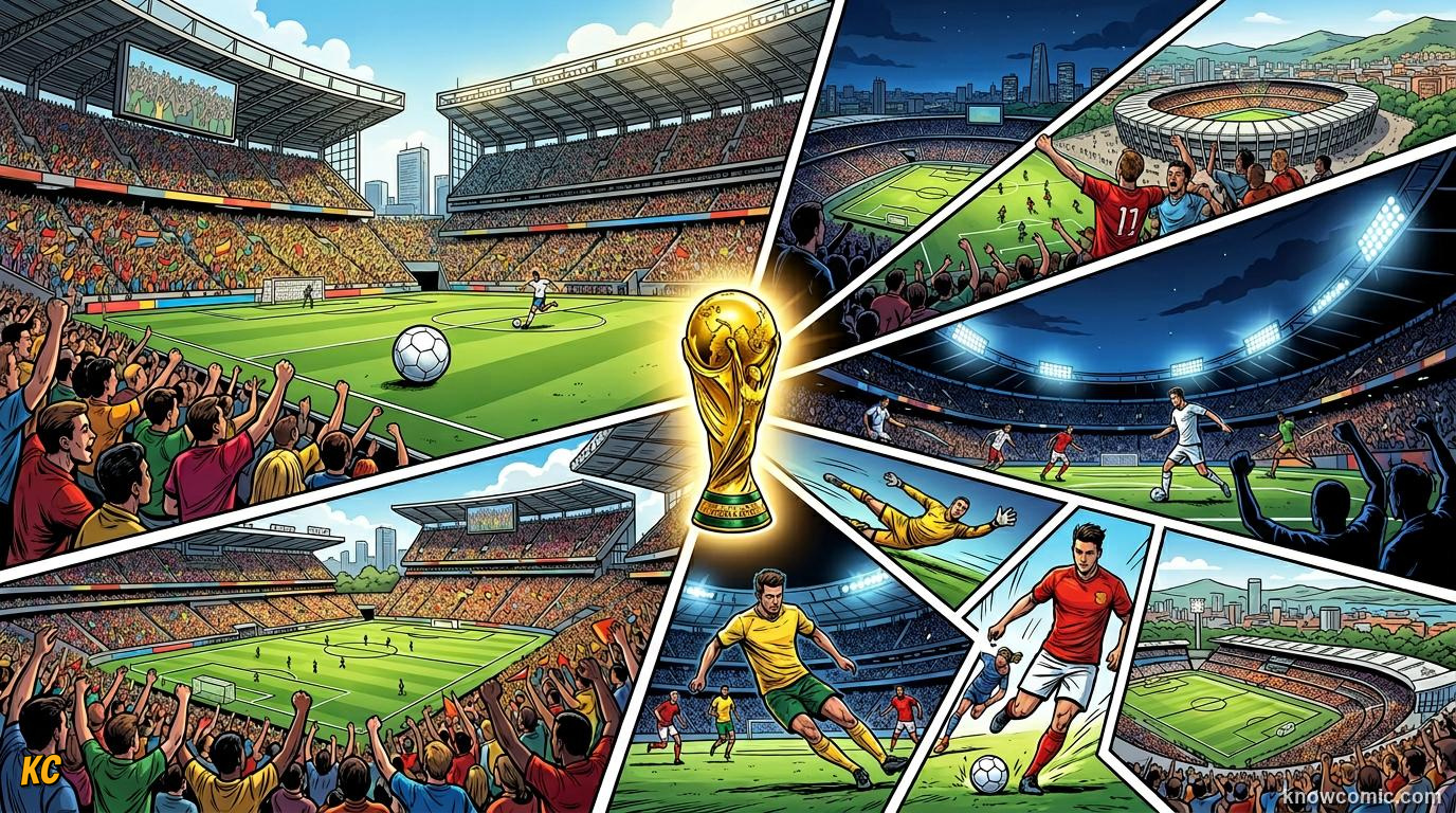 Comic panel titled how 104 matches crown one champion, labelled the full journey, from the KnowComic World Cup 2026 lesson on the new 48-team format