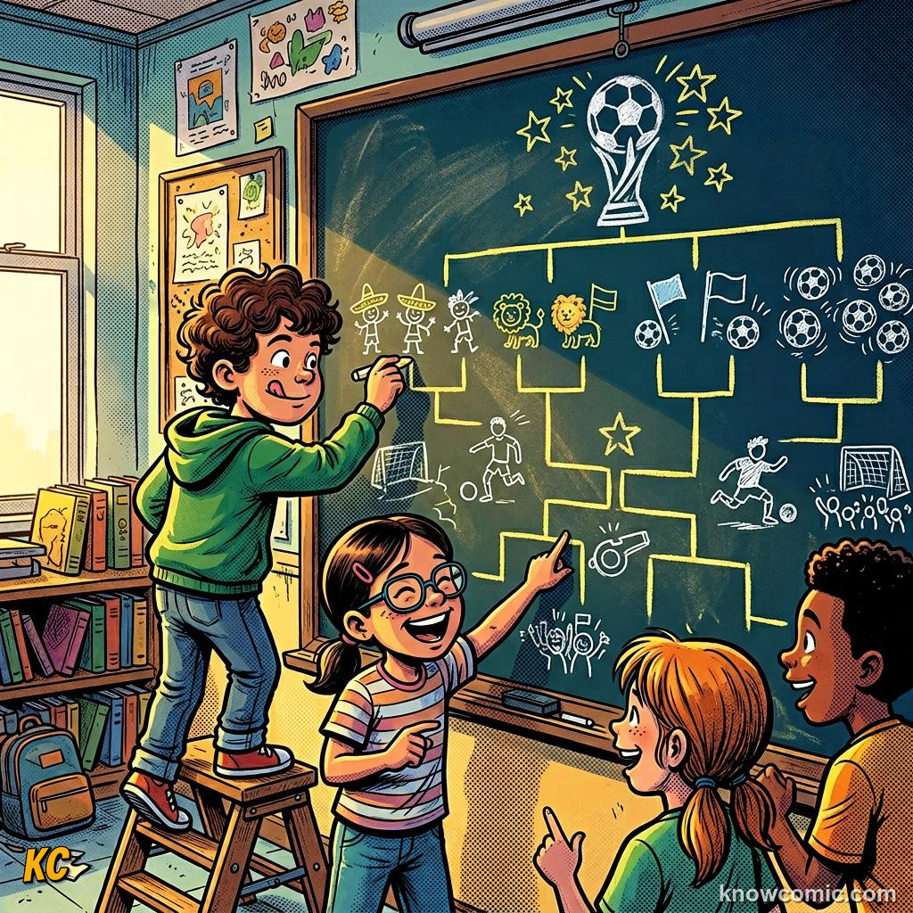 Comic panel labelled group stage, illustrating the new 48-team format in KnowComic's World Cup 2026 series