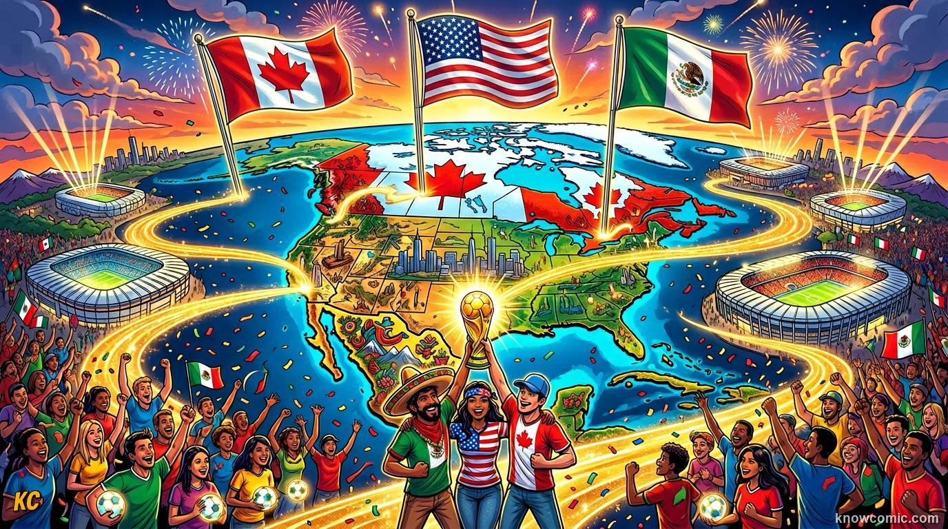 Comic panel titled why three hosts, labelled three nations, one tournament, from the KnowComic World Cup 2026 lesson on three hosts, one dream