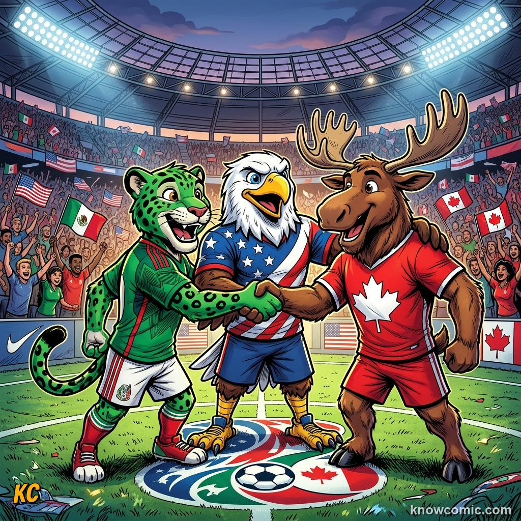 Comic panel titled usa the main stage, labelled shared duty, from the KnowComic World Cup 2026 lesson on three hosts, one dream