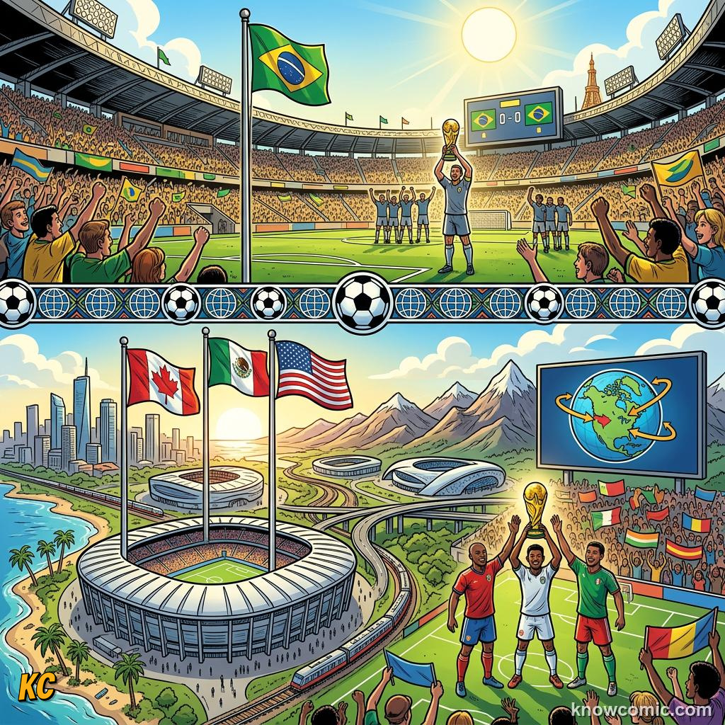 Comic panel titled usa the main stage, labelled 16 cities, from the KnowComic World Cup 2026 lesson on three hosts, one dream