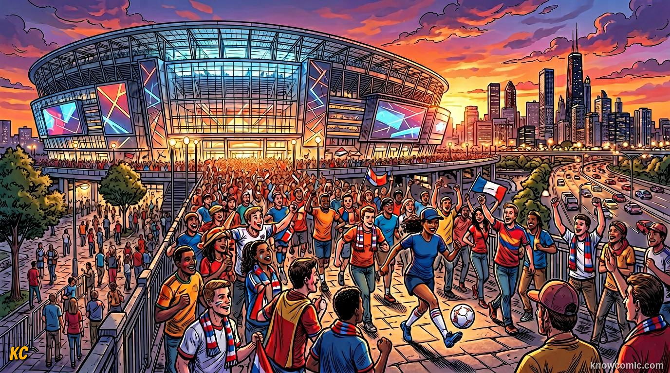 Comic panel titled usa the main stage, labelled stars and stripes, from the KnowComic World Cup 2026 lesson on three hosts, one dream
