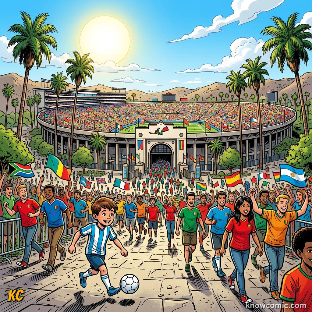 Comic panel titled mexico where football lives, labelled miami heat, from the KnowComic World Cup 2026 lesson on three hosts, one dream