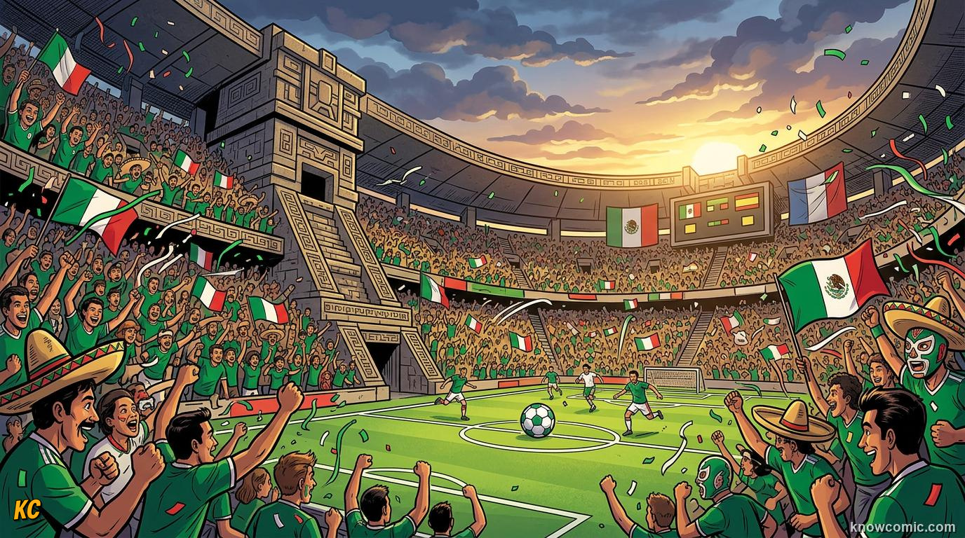 Comic panel titled mexico where football lives, labelled football heartland, from the KnowComic World Cup 2026 lesson on three hosts, one dream