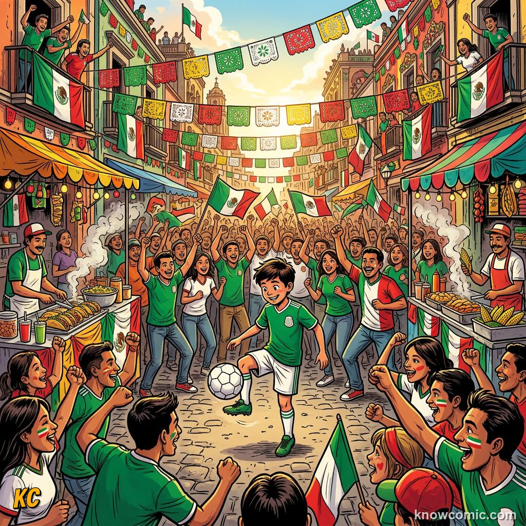 Comic panel titled mexico where football lives, labelled azteca, from the KnowComic World Cup 2026 lesson on three hosts, one dream