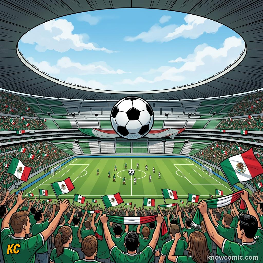 Comic panel titled mexico where football lives, labelled 3 cities, from the KnowComic World Cup 2026 lesson on three hosts, one dream