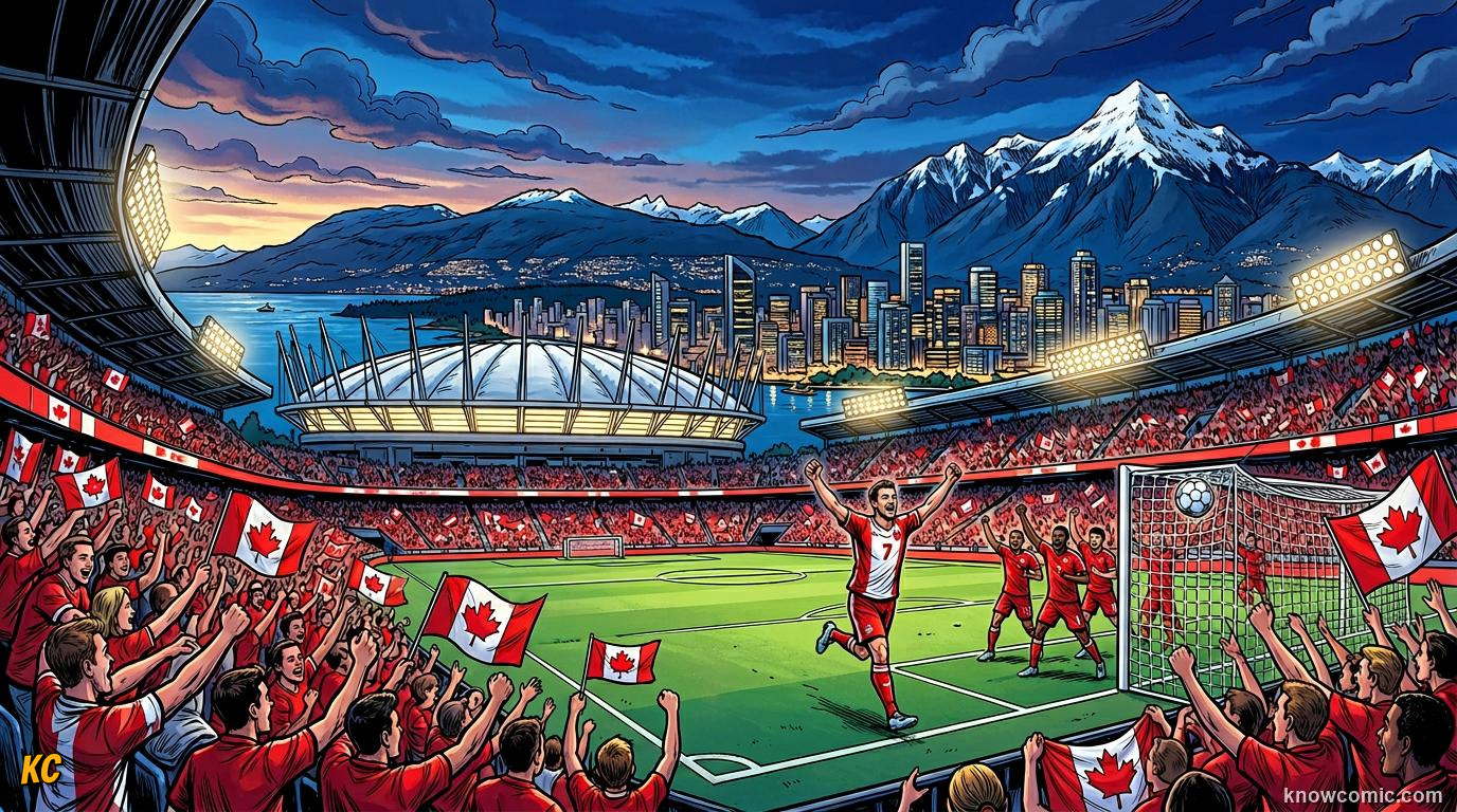 Comic panel titled canada first men's world cup host, labelled maple leaf magic, from the KnowComic World Cup 2026 lesson on three hosts, one dream