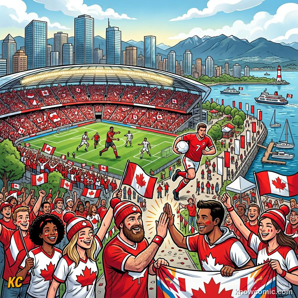 Comic panel titled from azteca to new york, labelled toronto, from the KnowComic World Cup 2026 lesson on three hosts, one dream