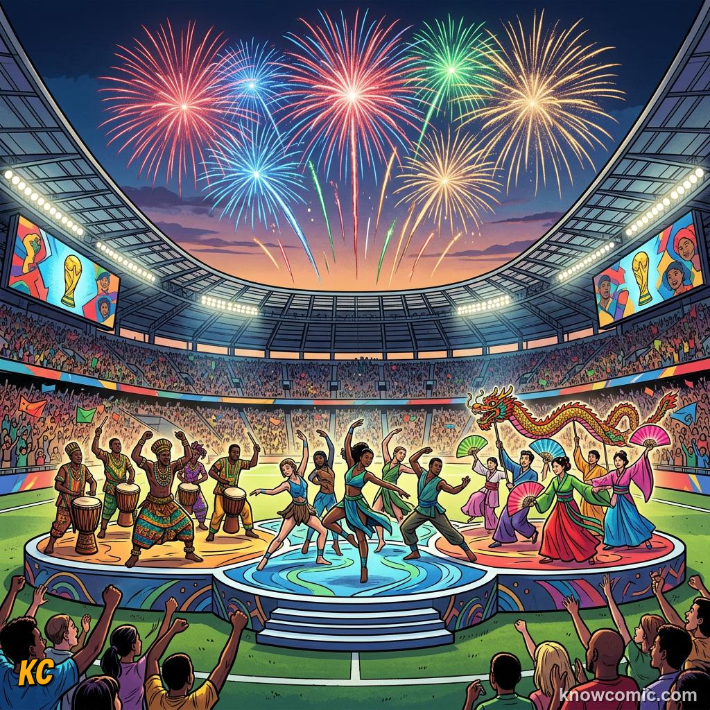 Comic panel titled from azteca to new york, labelled home pride, from the KnowComic World Cup 2026 lesson on three hosts, one dream