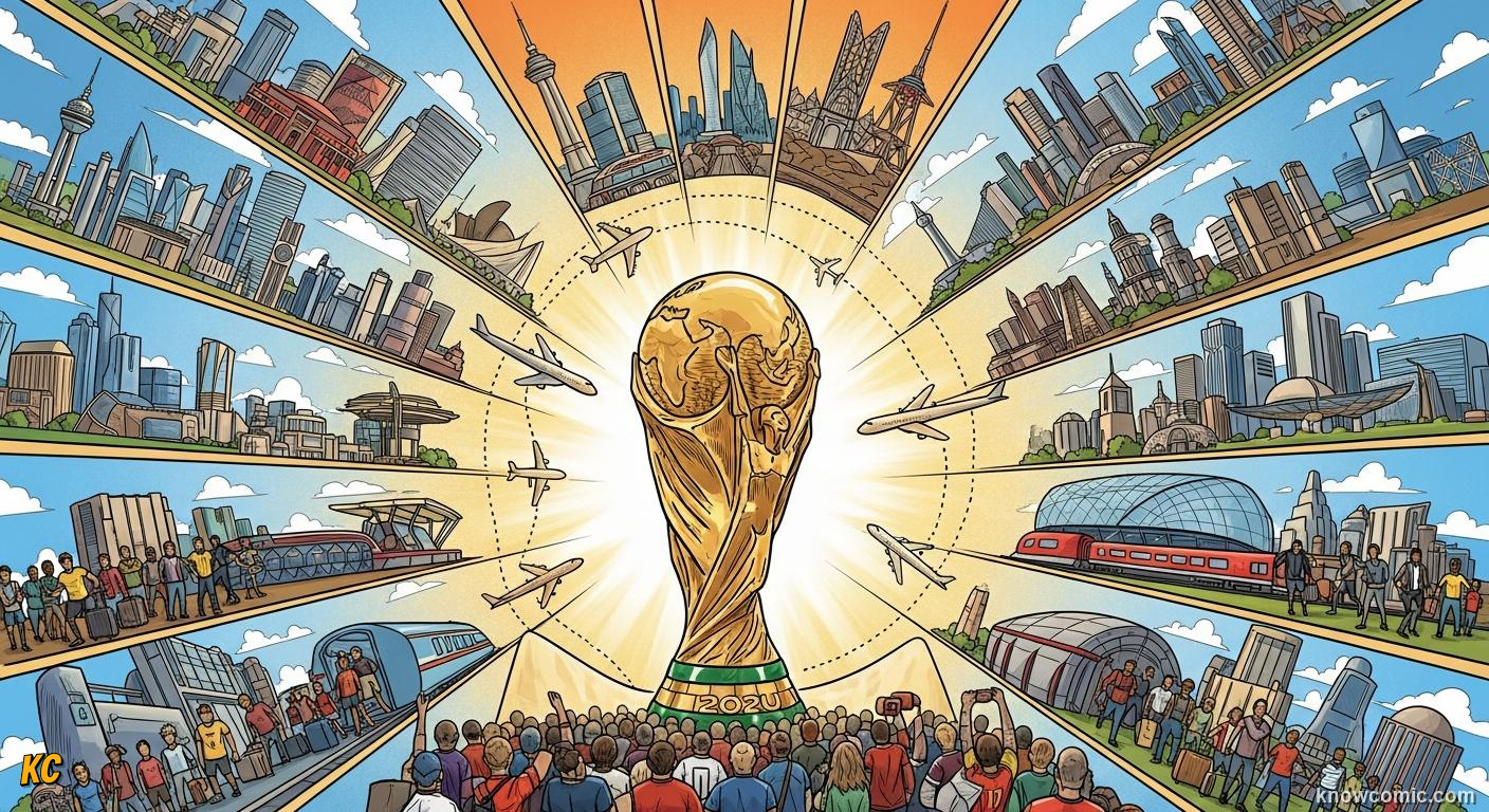 Comic panel titled from azteca to new york, labelled the road to the final, from the KnowComic World Cup 2026 lesson on three hosts, one dream