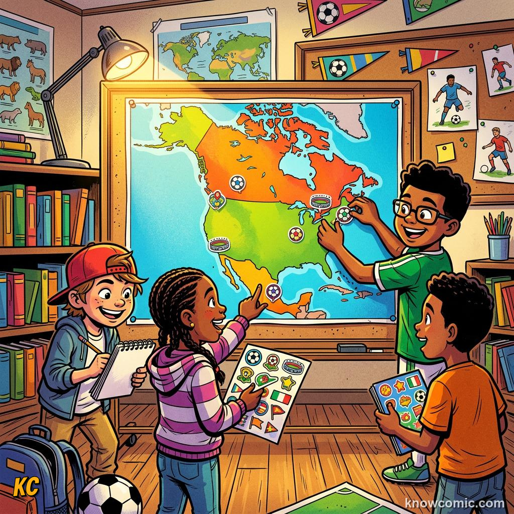 Comic panel labelled 16 cities, illustrating three hosts, one dream in KnowComic's World Cup 2026 series
