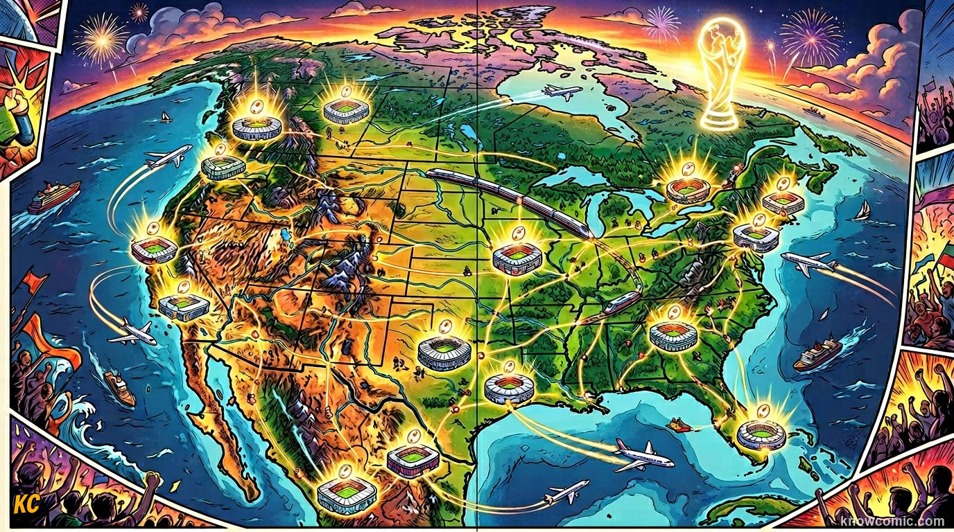 Map of North America showing all 16 World Cup 2026 host cities spread from Mexico City to Vancouver